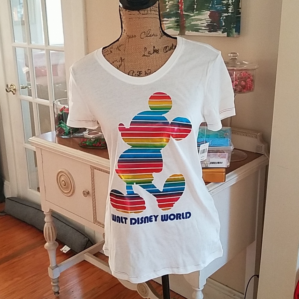Disney White Short Sleeve Tee with Rainbow Striped Mickey